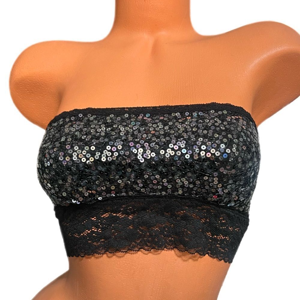 Victorias Secret Pink Strapless Bling Sequin Lace Unlined Bandeau Bralette black
